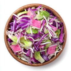 A wooden bowl contains crimson clover microgreens, also known as the cotyledons of Trifolium incarnatum or Italian clover, which are young seedlings or sprouts, captured in a macro food photo from