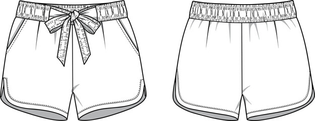Women’s Casual Sporty Shorts with Tie Waistband and Pockets Fashion Technical CAD Flat Sketch Front Back View Vector Garment Illustration