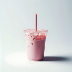 Iced pink milk.Cold sweet drink Red Grenadien Sugar Syrup mix with milk and iced cube in plastic glass isolated on white background with clipping path
