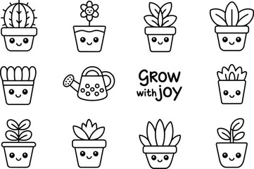 Cute potted plants kawaii style black line art illustration