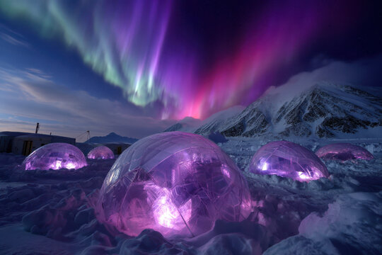 Experience the stunning aurora borealis over ice domes in a remote Arctic setting