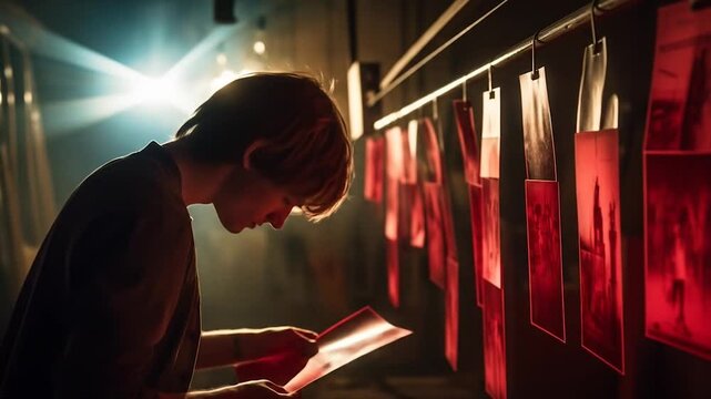 Photographer examining analog film development in darkroom with red safety lighting creating atmospheric vintage photography processing environment