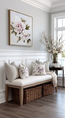 Large floral painting adds charm above an entryway table with baskets underneath, featuring a cozy modern farmhouse design