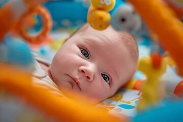 A sweet child is crawling and playing with toys, lying on a developing rug and playing in a mobile with educational toys on the carpet