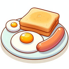 cartoon vector of fried egg, toast, and sausage on white plate, soft color, white background

