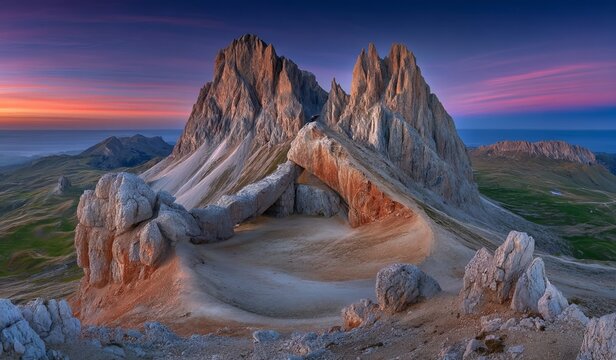 The Col dei Bos and Tofane peaks are seen in the distance as a hiker looks out at sunrise, with a solar reflex visible, from the Falzarego Pass in the Dolomites, South Tyrol, Trentino-Alto Adige,
