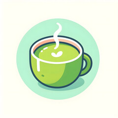 Japan matcha latte set. Flat cartoon illustration of matcha drinks. Matcha latte with foam art, heart, rabbit, flower. Green matcha in various cups.