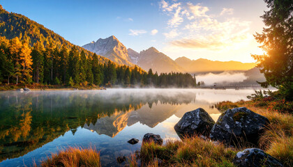 Obraz premium Scenic view of a calm lake surrounded by mountains during sunrise