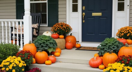 Autumn Porch Decor with Pumpkins and Mums - Vibrant fall porch display featuring pumpkins, mums, and greenery. Perfect autumnal scene for home decor inspiration