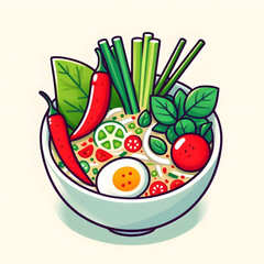 minimal cartoon bowl of tom yum with chili and herbs, clean design, white background

