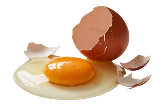 Raw broken brown egg with yolk and shell fragments isolated on transparent background
