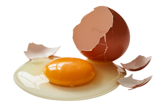 Raw broken brown egg with yolk and shell fragments isolated on transparent background