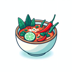 minimal cartoon bowl of tom yum with chili and herbs, clean design, white background

