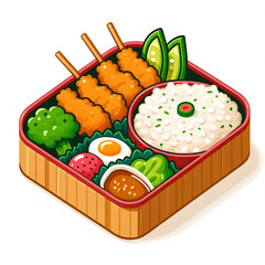 flat cartoon bento box with rice, karaage, and vegetables, white background

