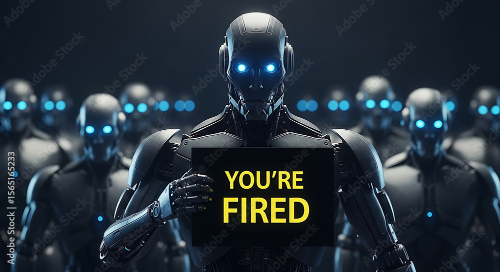 Poster artificial intelligence robot holding a sign displaying you're fired futuristic concept