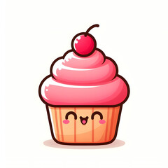 cartoon cupcake with pink frosting and cherry on top, minimal and cute style, white background

