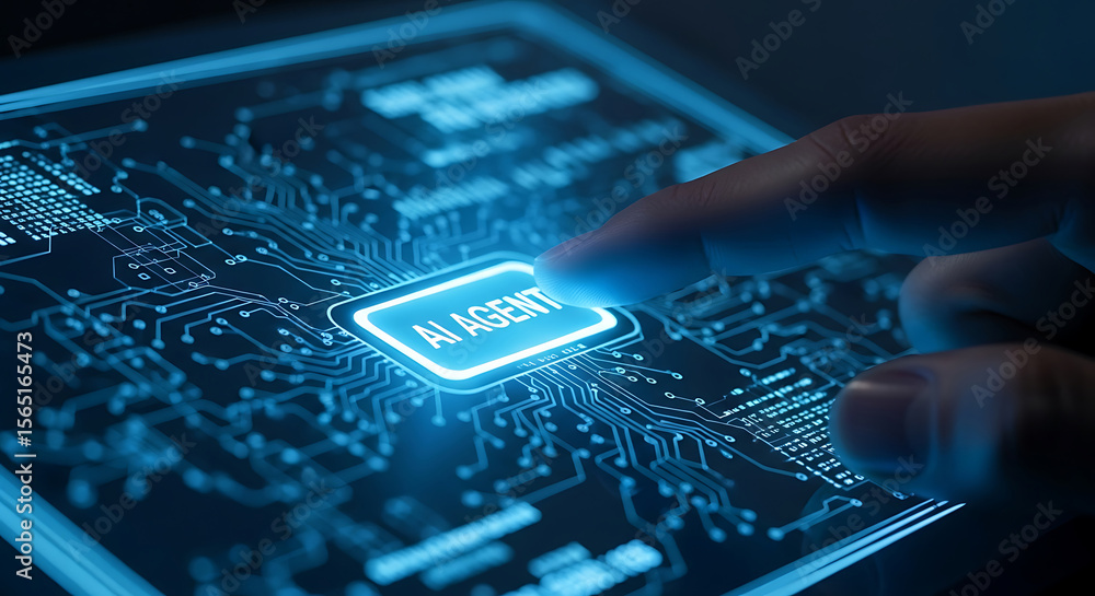 Poster finger pressing ai agent button on digital circuitry concept of artificial intelligence