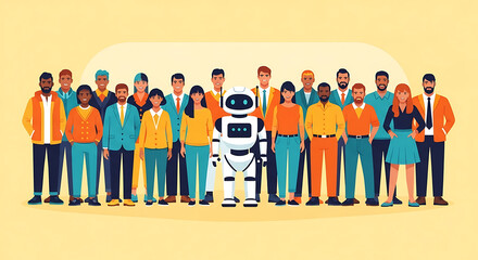 Diverse group of people and robot in a futuristic team collaboration concept