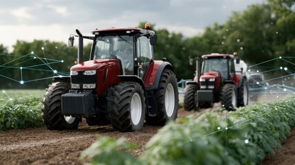Two tractors drive along digital lines in a field of growing potato plants, surrounded by a striking farm landscape