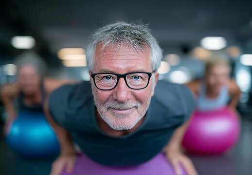 At the gym, a lively group of senior women are engaging in a fitness routine with exercise balls