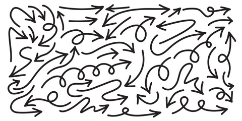 Set of arrow icons with thin hand drawn lines. Arrow icons with different directions.