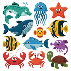 Naklejka premium Cheerful cartoon ocean creatures collection sea life dolphin