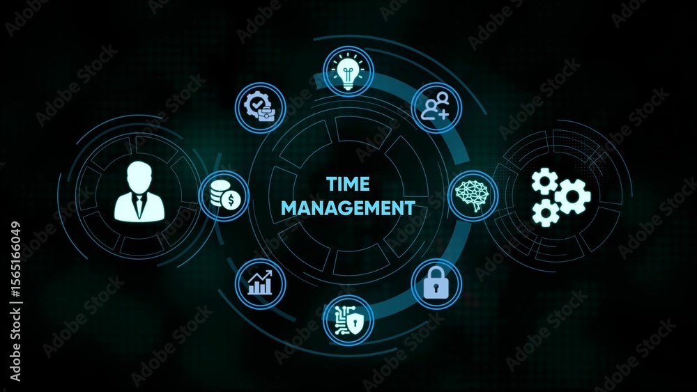 Poster modern time management concept represented by circular icons on a dark background