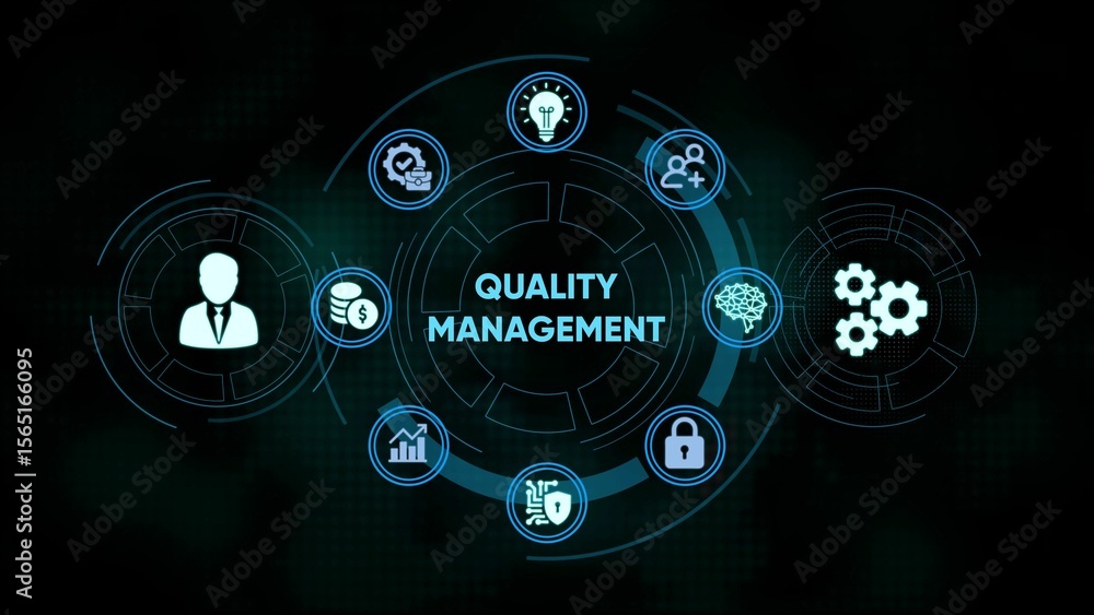 Poster conceptual illustration of quality management system representing business process and strategies
