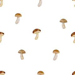 Watercolor Autumn Mushrooms Seamless Pattern. Hand-Painted Forest Mushrooms Watercolor Repeat Design for Fall.