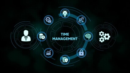 Modern time management concept represented by circular icons on a dark background