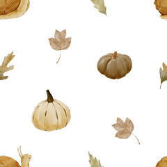 Watercolor Autumn Seamless Pattern with Snail, Pumpkin, Leaves. Hand-Painted Forest Watercolor Repeat Design for Fall.