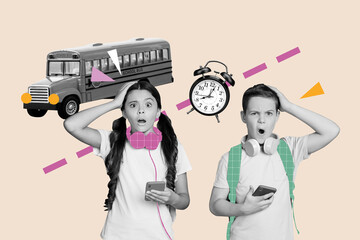 3d sketch poster trend collage image of two shocked classmate schoolgirl schoolboy miss bus alarm...