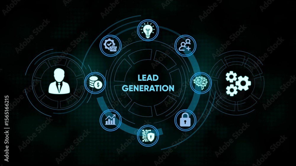 Poster visual representation of lead generation process with business concept icons and technology backgrou