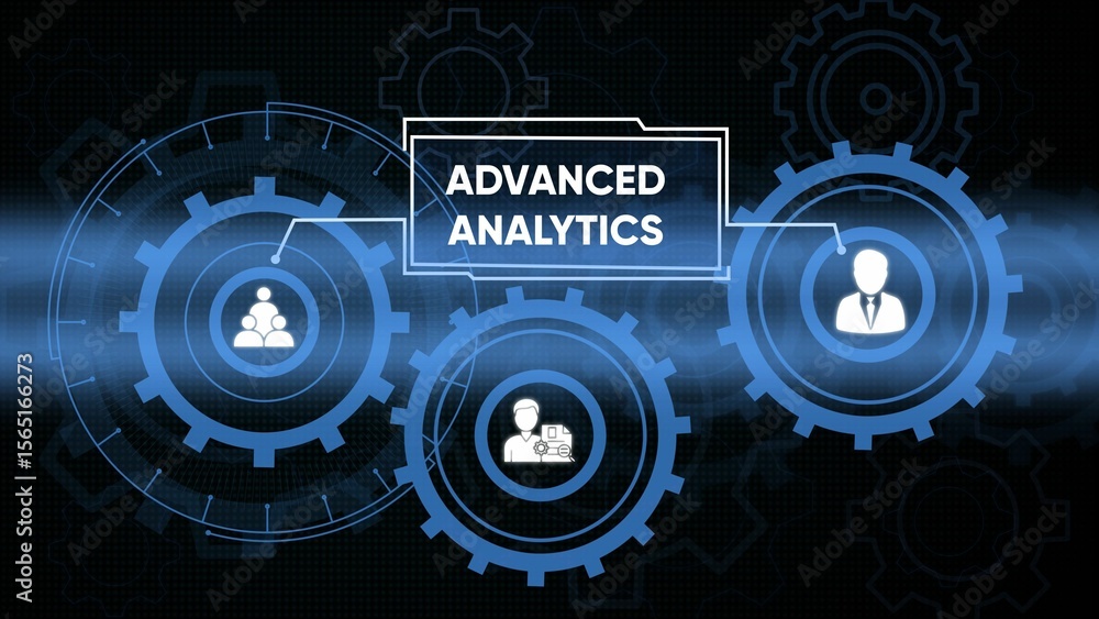 Poster advanced analytics concept depicting business teamwork and data processing efficiency with futuristi