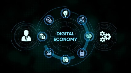 Digital economy concept with icons representing business innovation and technology development