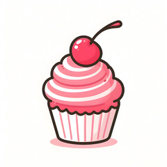 cartoon cupcake with pink frosting and cherry on top, minimal and cute style, white background

