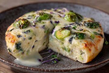 A horizontal close-up shot of a vegetarian pizza with feta and a fresh mix of micro greens for a dietary option