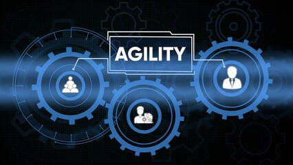 Digital concept of business agility depicted with gear icons and human figures