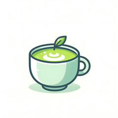 Japan matcha latte set. Flat cartoon illustration of matcha drinks. Matcha latte with foam art, heart, rabbit, flower. Green matcha in various cups.