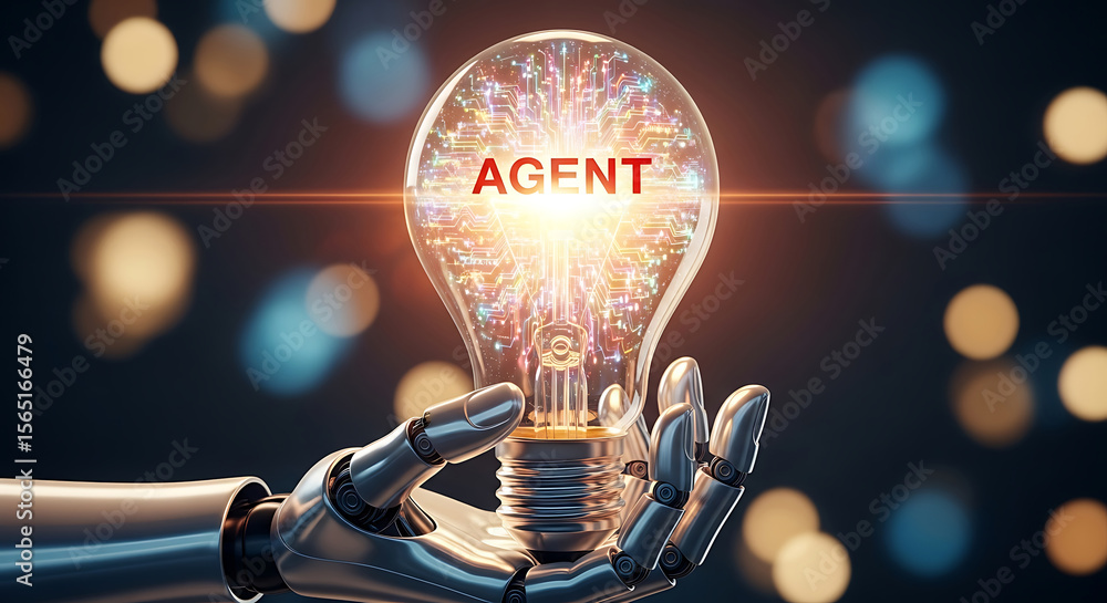 Poster futuristic robot hand holding a glowing lightbulb with agent text displayed inside