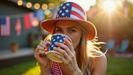 4K motion of smiling woman with American flag mug and hat at sunset, perfect for Independence Day campaigns, lifestyle videos, patriotic branding, and summer celebration content