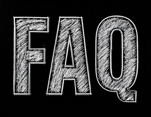 FAQ text handwriting, frequently asked questions chalk writing on a blackboard, black and white, simple, minimalist design, handwritten bold, upper font 
