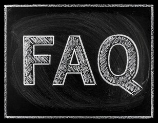 FAQ text handwriting, frequently asked questions chalk writing on a blackboard, black and white, simple, minimalist design, handwritten bold, upper font with frame