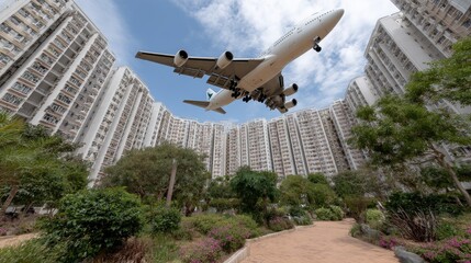 An airplane glides gracefully overhead, surrounded by towering buildings , illuminated by natural light on a clear day