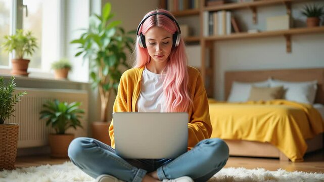 4K motion of freelancer girl working on laptop with headphones in cozy bedroom, perfect for home office content, e-learning visuals, youth marketing, and digital workspace design