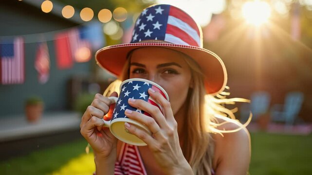 4K motion of smiling woman with American flag mug and hat at sunset, perfect for Independence Day campaigns, lifestyle videos, patriotic branding, and summer celebration content - Powered by Adobe