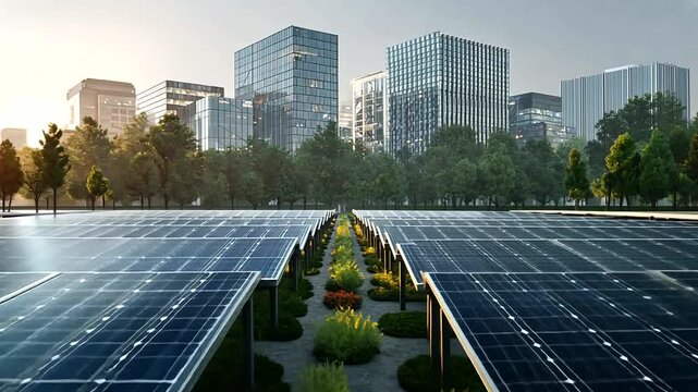 Urban Solar Energy Farm Surrounded by Modern Buildings