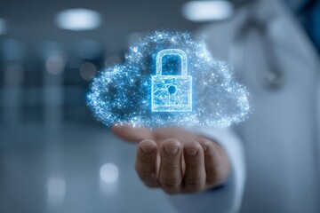 In medicine, a doctor is pressing a button for gear data protection in cloud healthcare