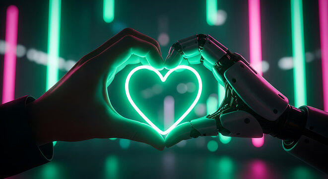 Human and robot hands forming glowing heart symbolizing technology and love