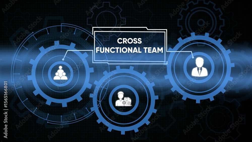 Poster cross functional team concept featuring gear design with business icons and technology elements